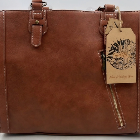 Brown and Tan Geometric Tote Bag with Leather Handles - Picture 3 of 7